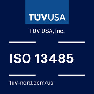 TUV USA, Inc. ISO 13485 certification logo with the TUV USA logo and tuv-nord.com/us website address.